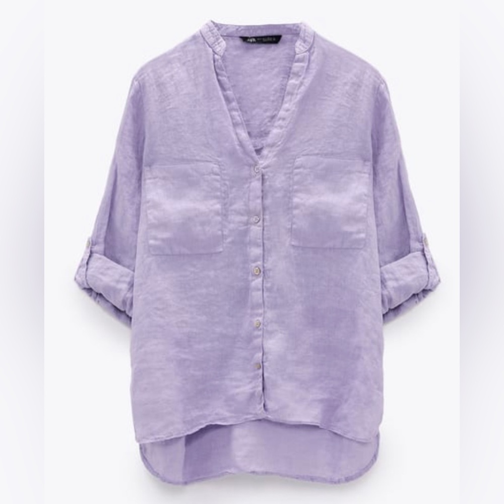 Zara Lavender V-Neck Button-Front Linen Blouse
